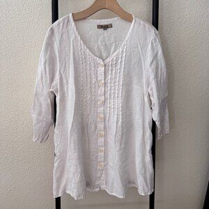 FLAX Lagenlook Linen White Button Down Blouse Size Small